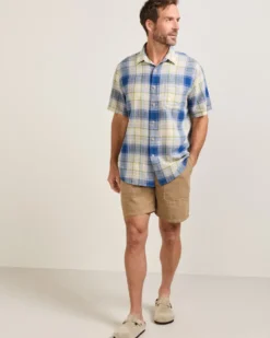 MEN'S SHORT-SLEEVE PLAID SHORELINE LINEN SHIRT