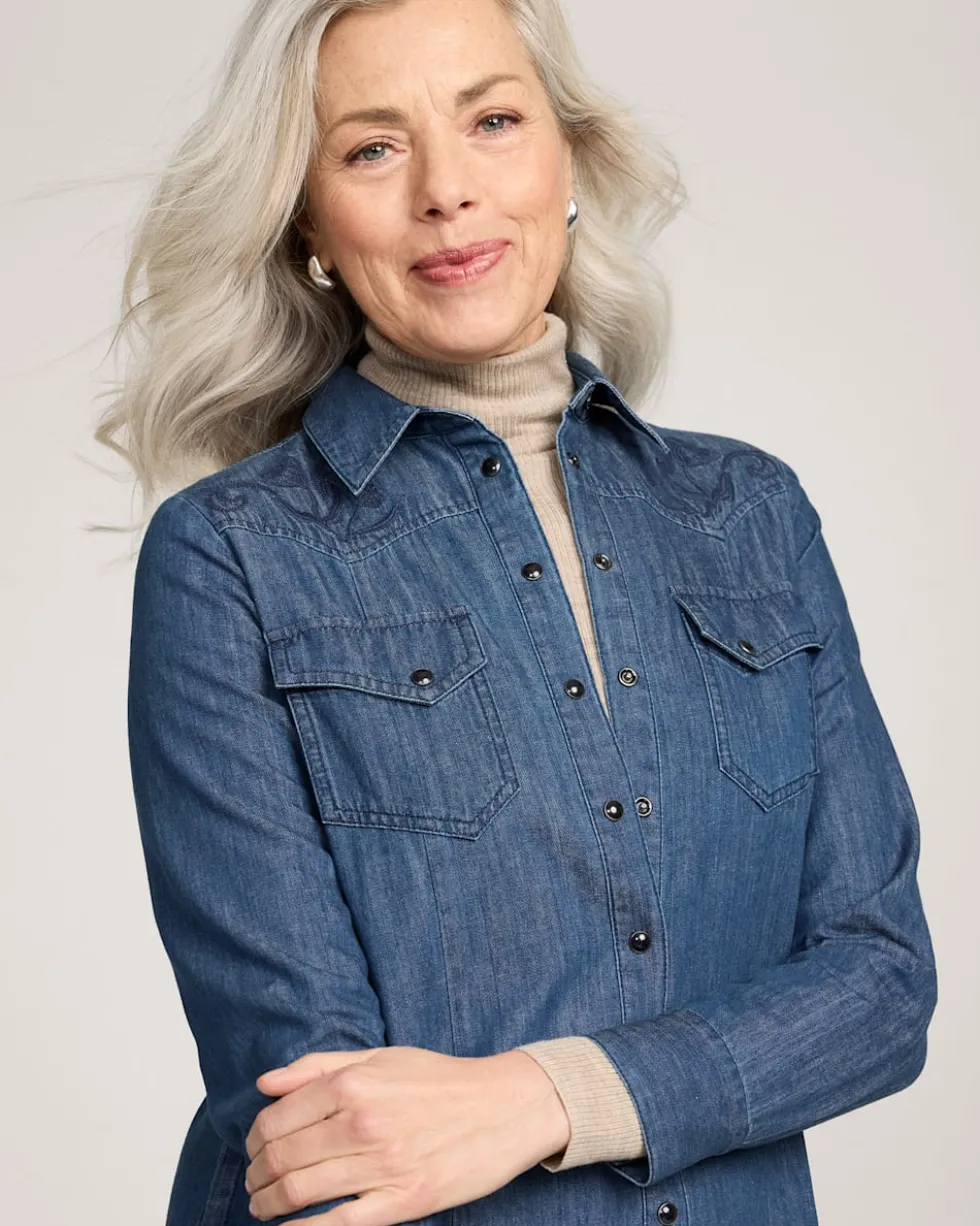 WOMEN'S EMBROIDERED CHAMBRAY GAMBLER SHIRT DRESS
