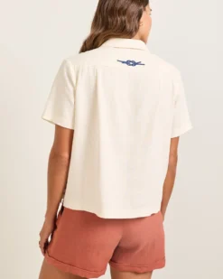 WOMEN'S SHORT-SLEEVE EMBROIDERED LINEN CAMP SHIRT