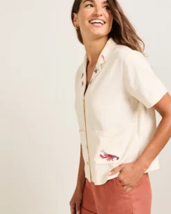 WOMEN'S SHORT-SLEEVE EMBROIDERED LINEN CAMP SHIRT