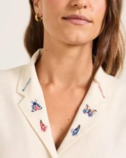 WOMEN'S SHORT-SLEEVE EMBROIDERED LINEN CAMP SHIRT