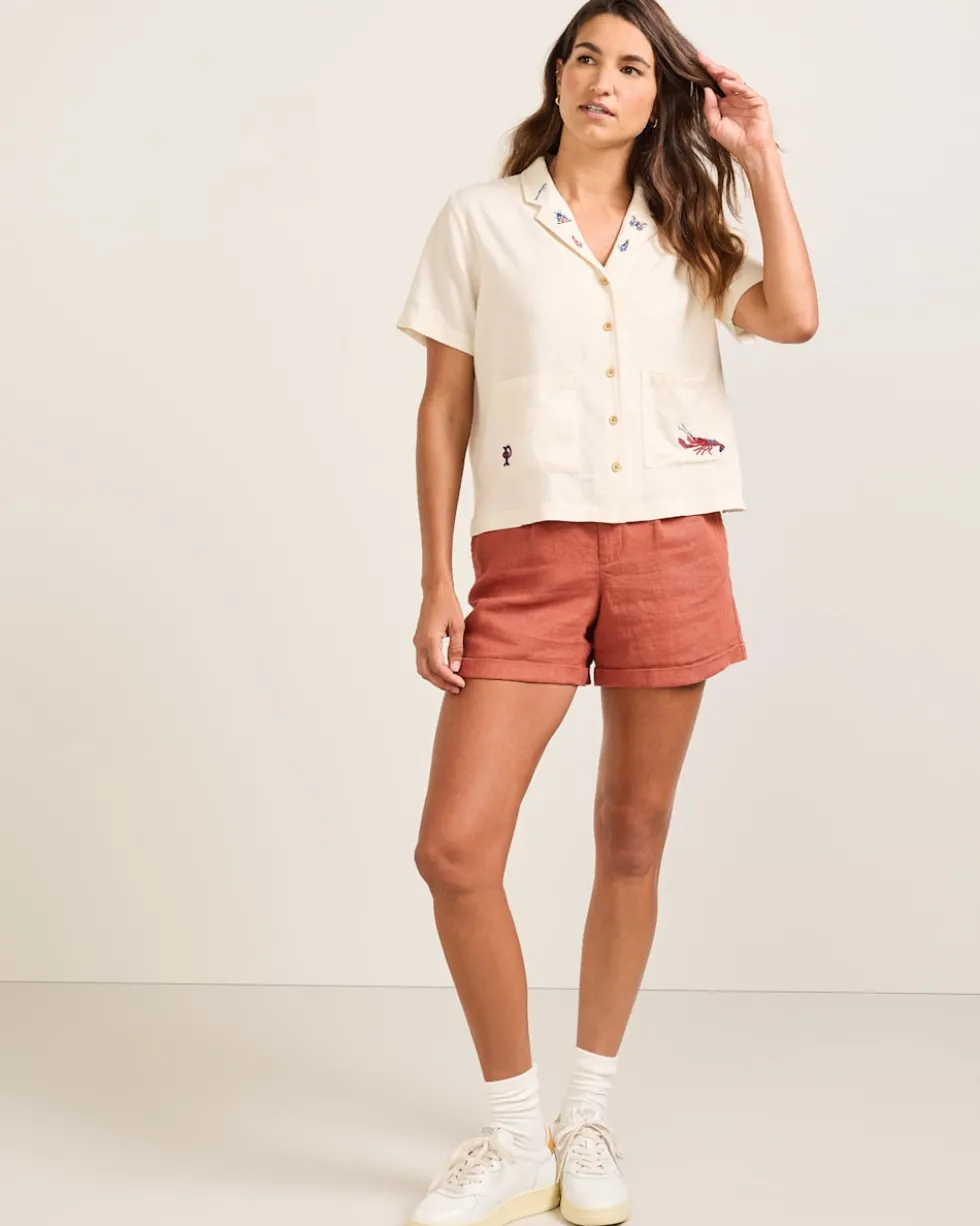 WOMEN'S SHORT-SLEEVE EMBROIDERED LINEN CAMP SHIRT