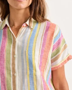 WOMEN'S SHORT-SLEEVE STRIPE LINEN SHIRT