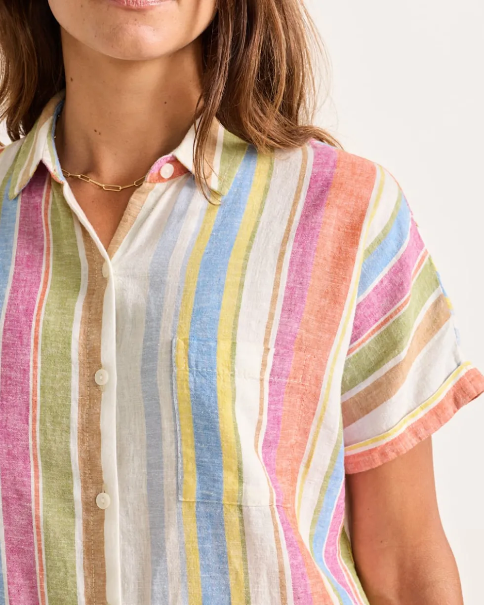 WOMEN'S SHORT-SLEEVE STRIPE LINEN SHIRT