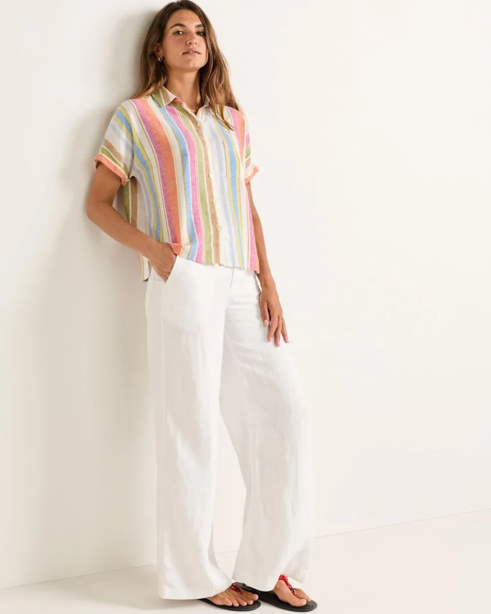 WOMEN'S SHORT-SLEEVE STRIPE LINEN SHIRT